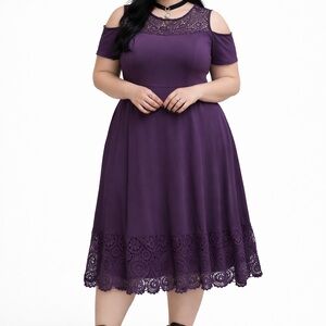 Purple Lace Cold Shoulder Fit & Flare Dress 3X Goth Romantic